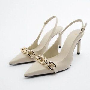 zara 100% leather heeled slingback shoes with gold chain size 8